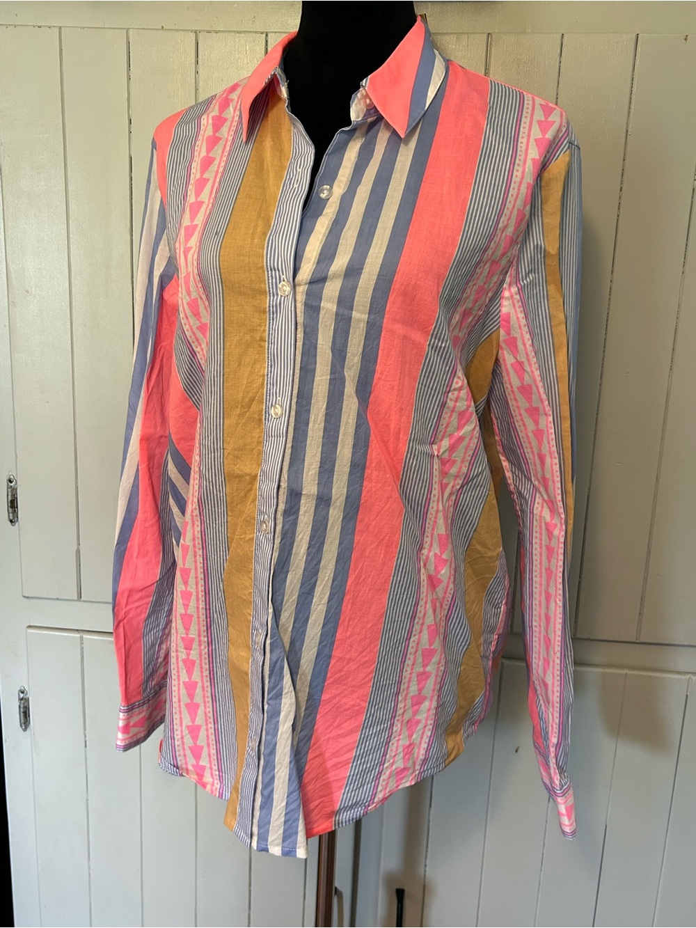 LE SUPERBE Vibrant Striped Button-Up Blouse in Pink, Blue & Mustard Size 8 NWT